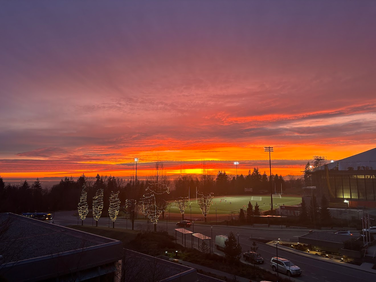 在学校看到的超美日落：夕阳尚未完全落下远处的山，火烧云被映得通红，近景是学校的操场，几棵树上还缠着灯带，可能是圣诞节装上去的。